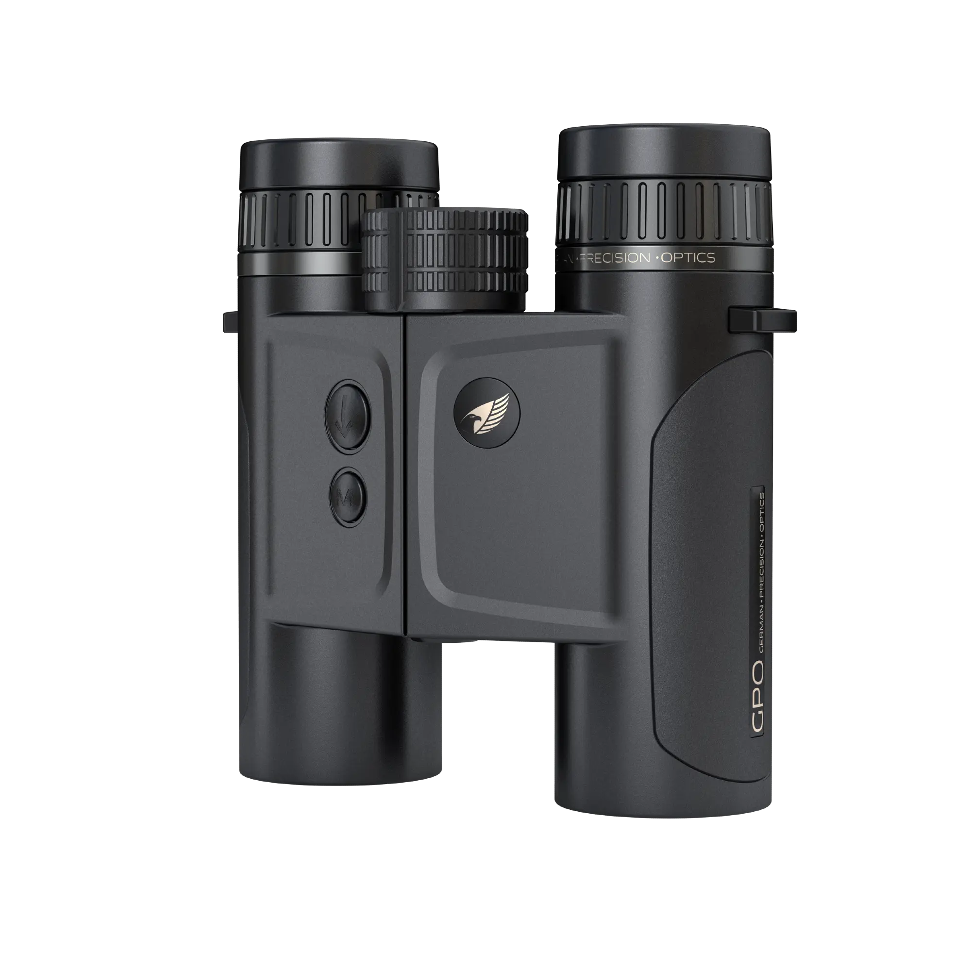 Black binoculars with a brand logo on a white background