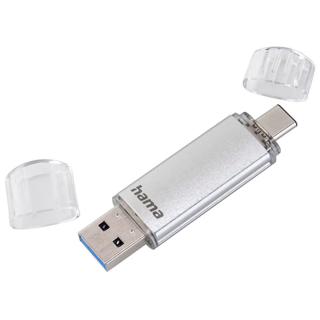 Silver USB flash drive with Type-C connector on a white background