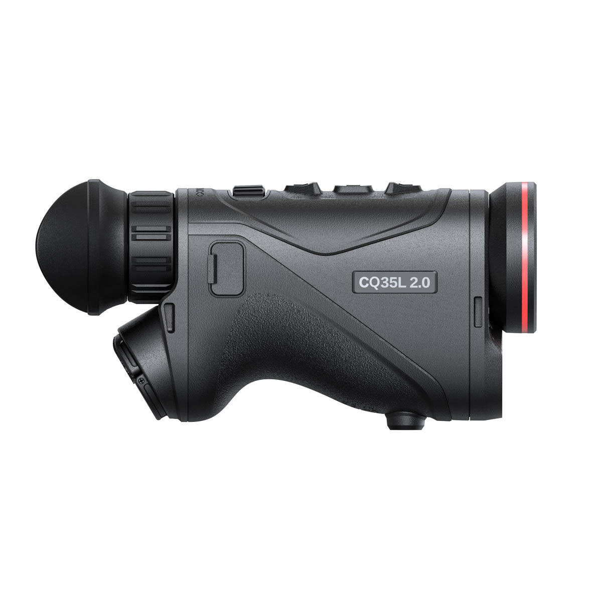 A handheld thermal monocular with a digital display and lens, predominantly black in color.