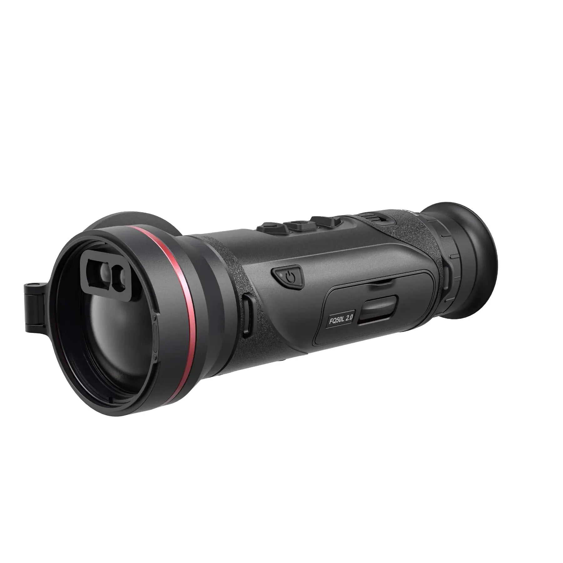 A handheld thermal monocular camera with a cylindrical shape, featuring a lens at one end and a black body with red accents around the lens.