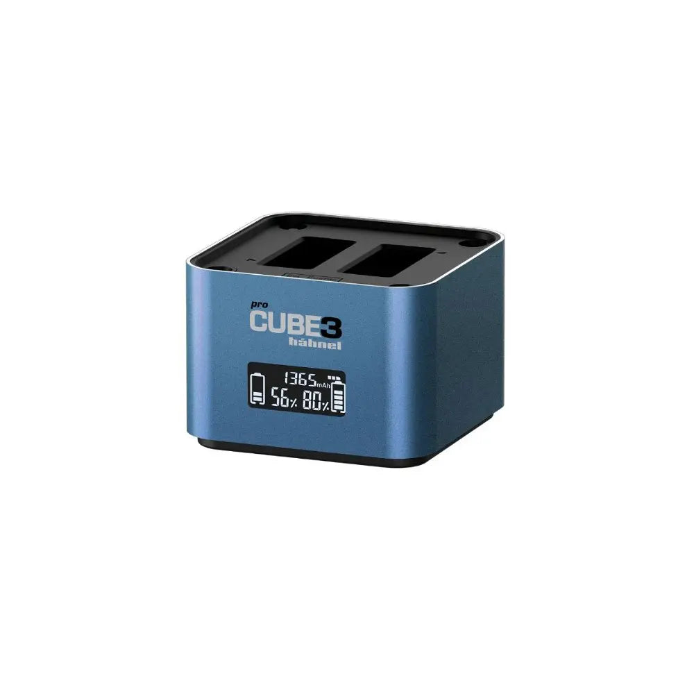 Blue electronic device labeled 'CUBE3' on a white background