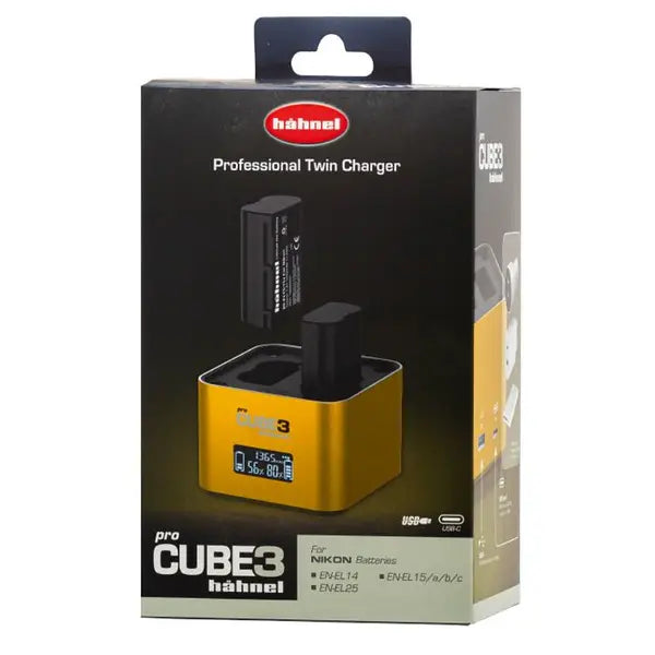 product photo of a hahnel procube 3 twin charger for nikon on a white background