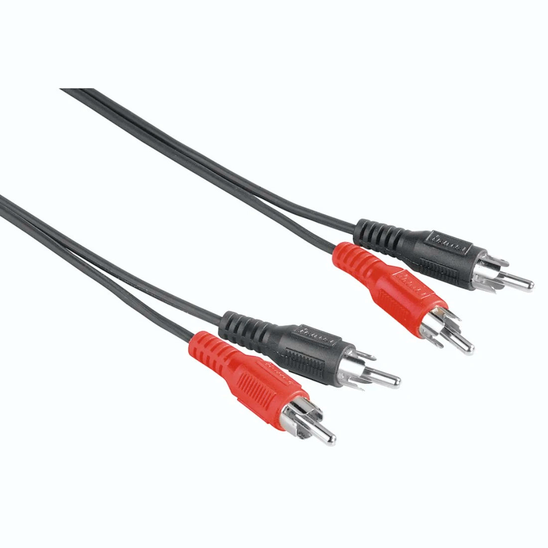Two RCA cables with red and black connectors on a white background