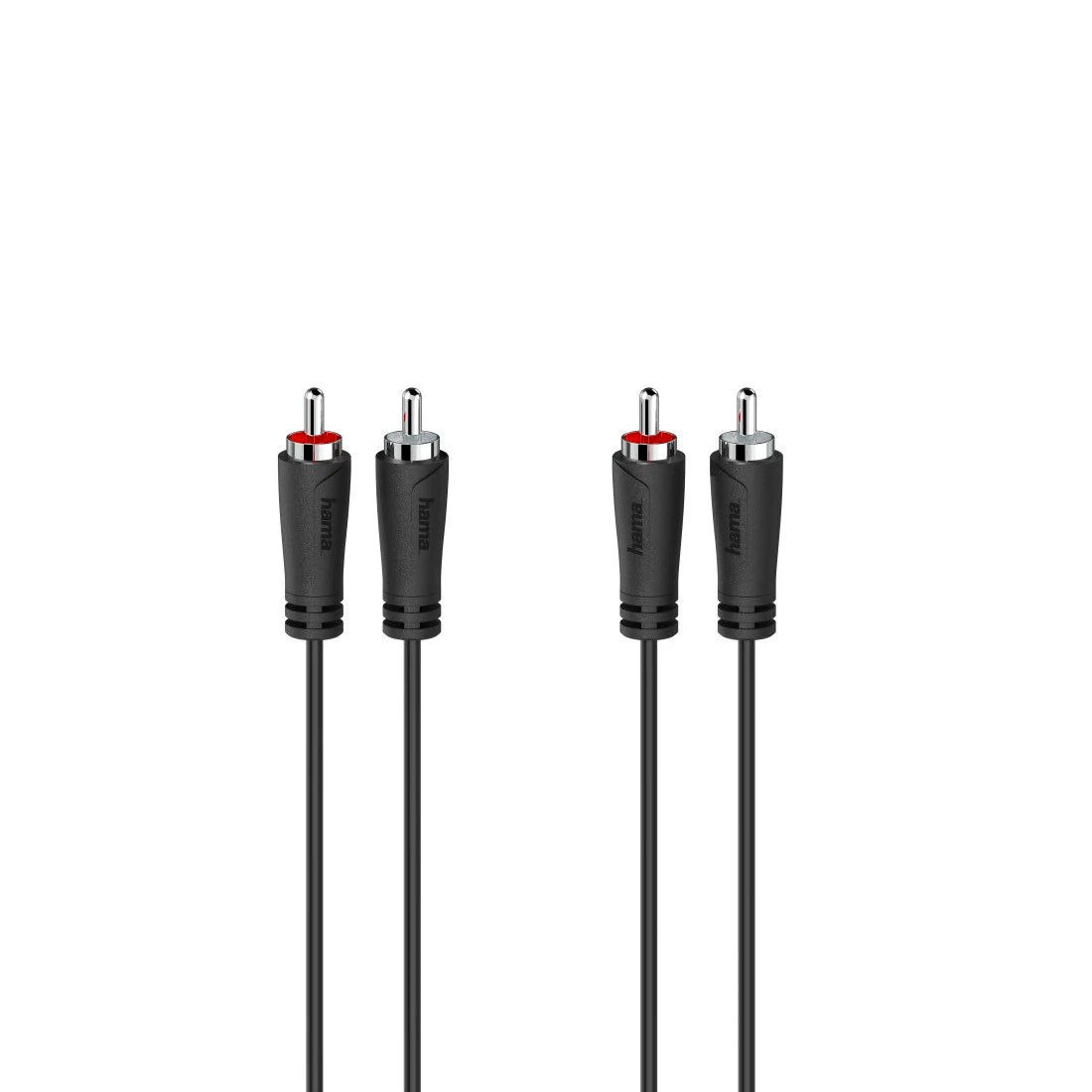 Four RCA cables with black connectors on a white background