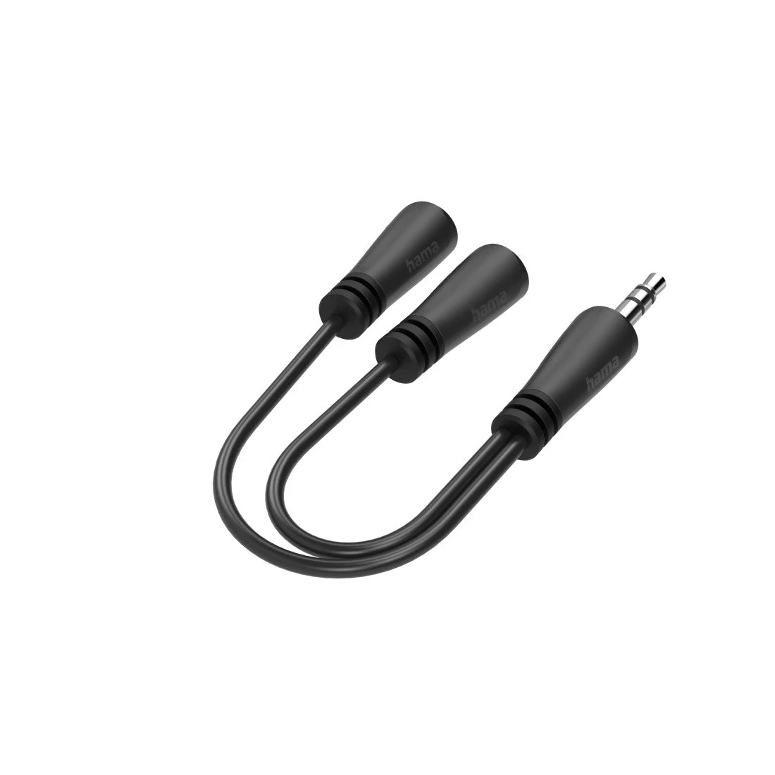 Black audio cable with two connectors on a white background