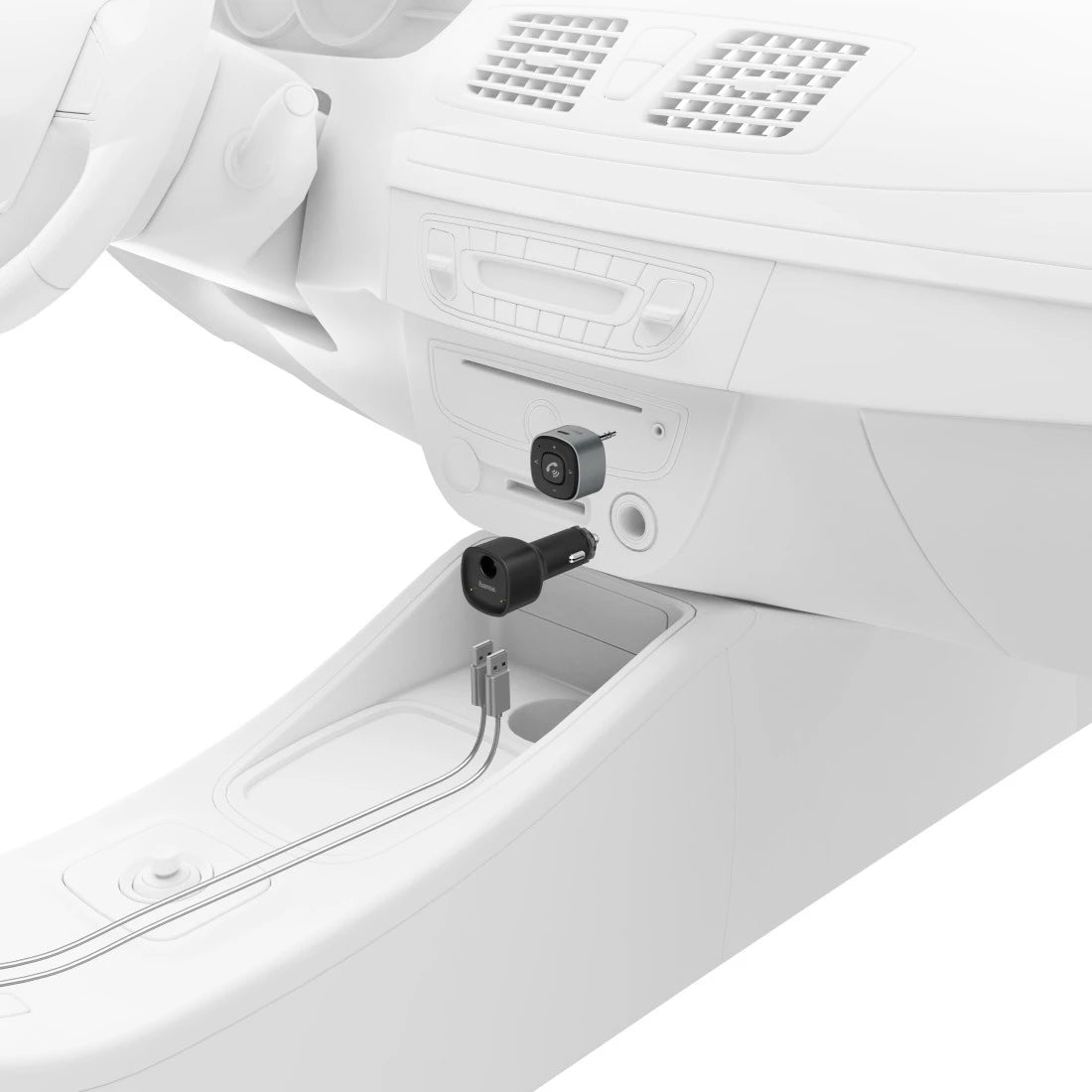 Close-up of a white electronic device with visible components on a white background