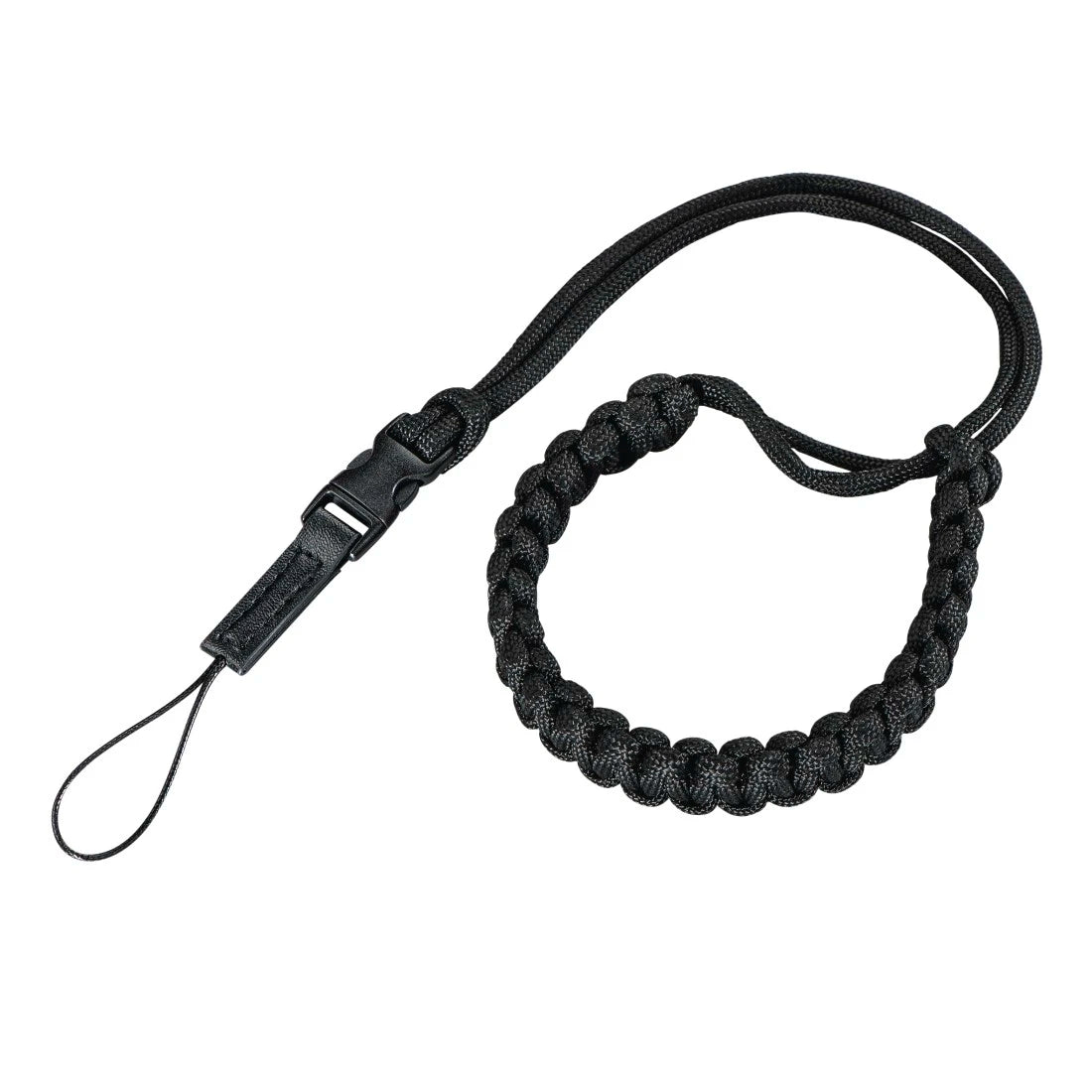 Black braided lanyard with a carabiner clip on a white background