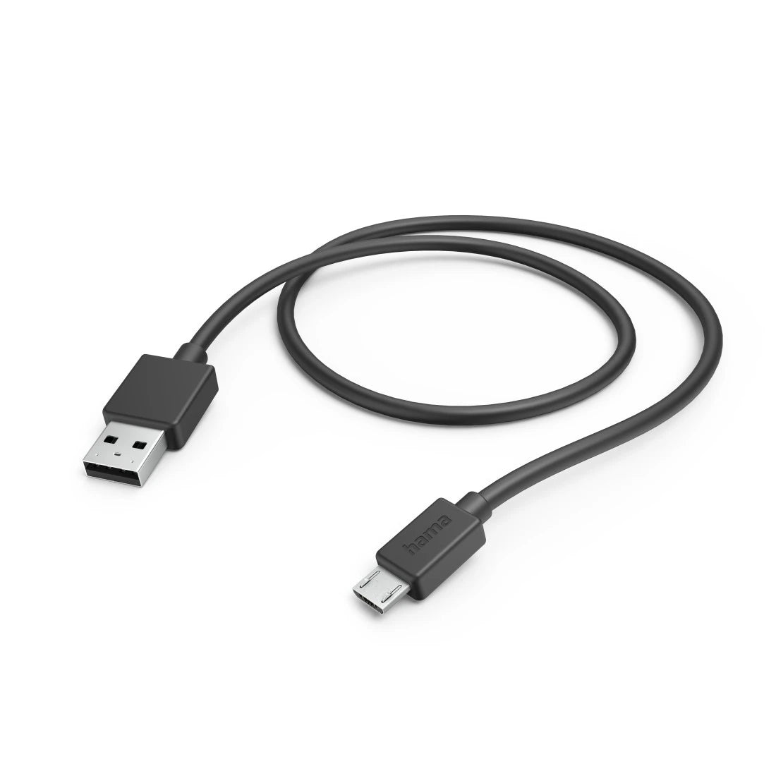 Black USB cable with one end being a standard USB connector and the other an micro USB connector on a white background.