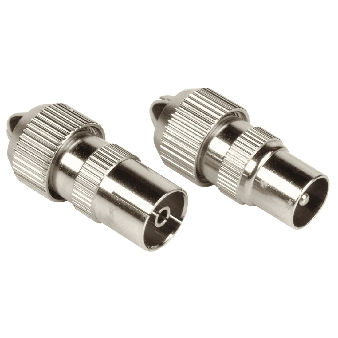 Two metal BNC connectors on a white background