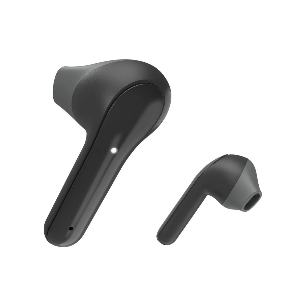 Two matte black wireless earbuds shown on a plain white background, with one earbud upright and the other angled sideways.