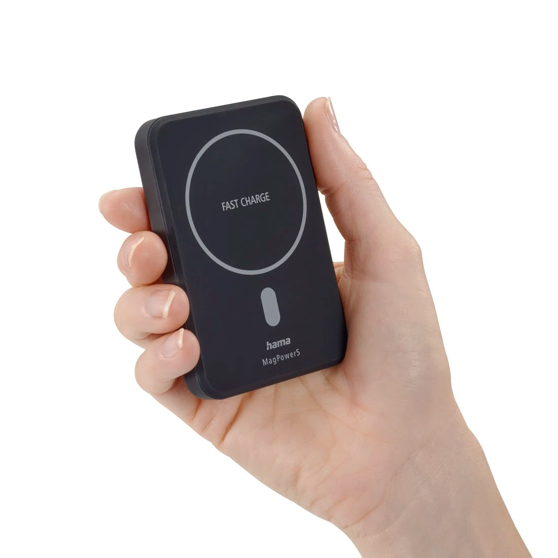Hand holding a black wireless charging device with 'Fast Charge' text on a white background