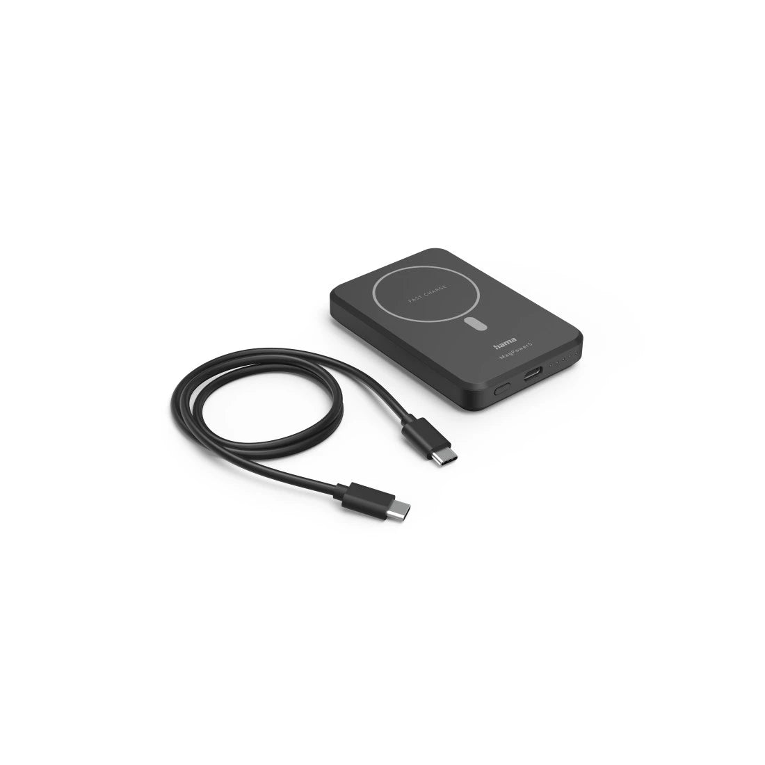 Black portable charging device with cable on a white background
