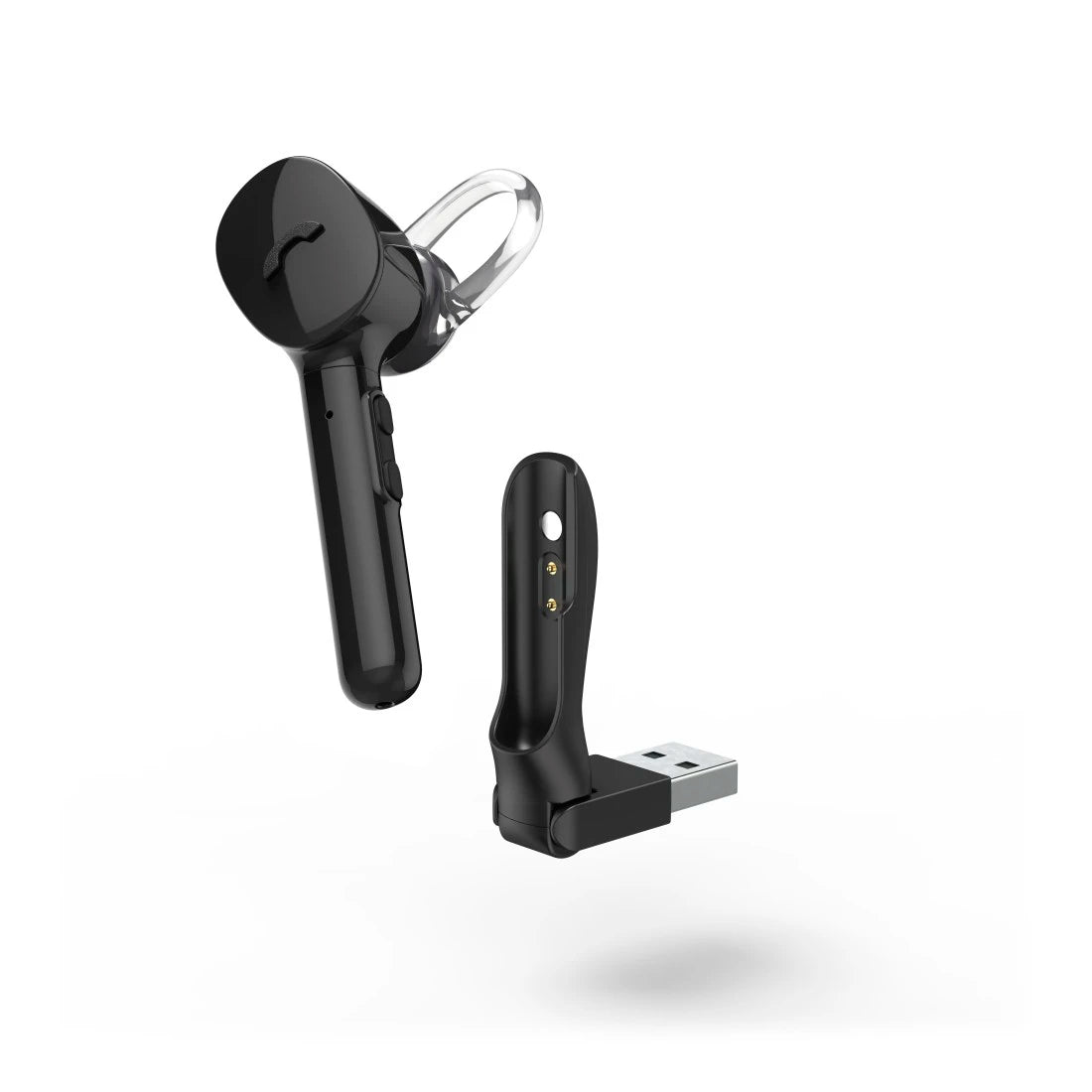 Black Bluetooth headset with USB receiver on a white background