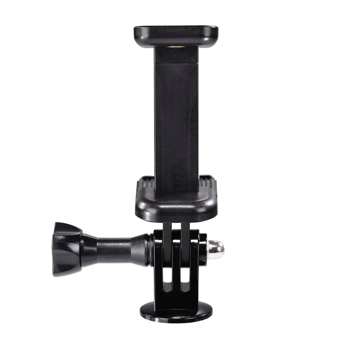 Black camera mount with multiple attachments on a white background