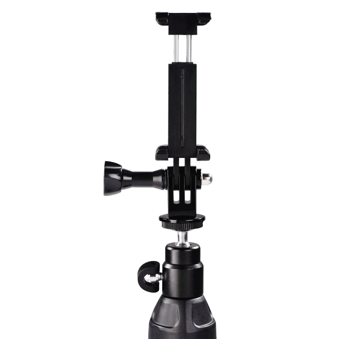Black adjustable camera or phone mount on a white background