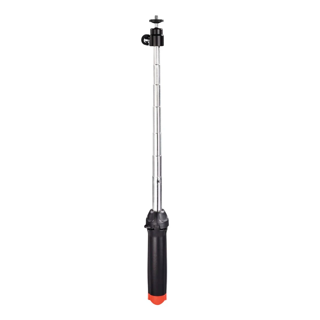 Telescopic selfie stick with black and red design on a white background