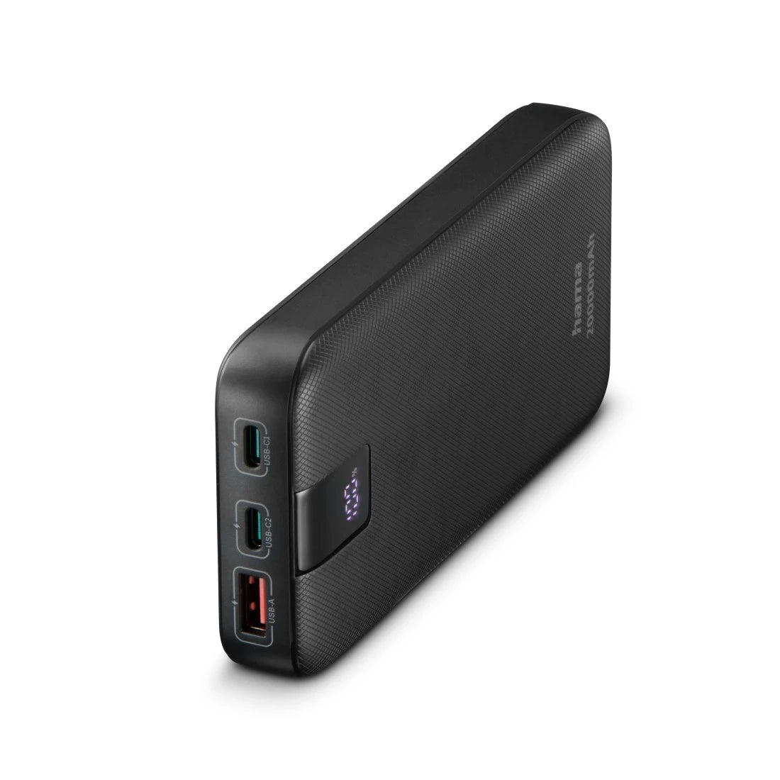 Black power bank with multiple ports on a white background