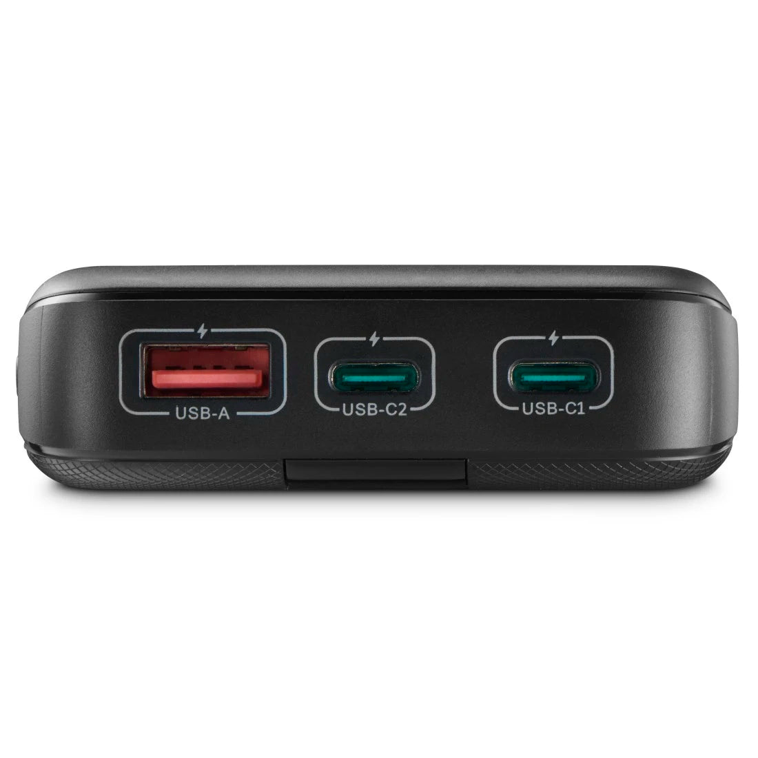 Black USB hub with multiple ports on a white background