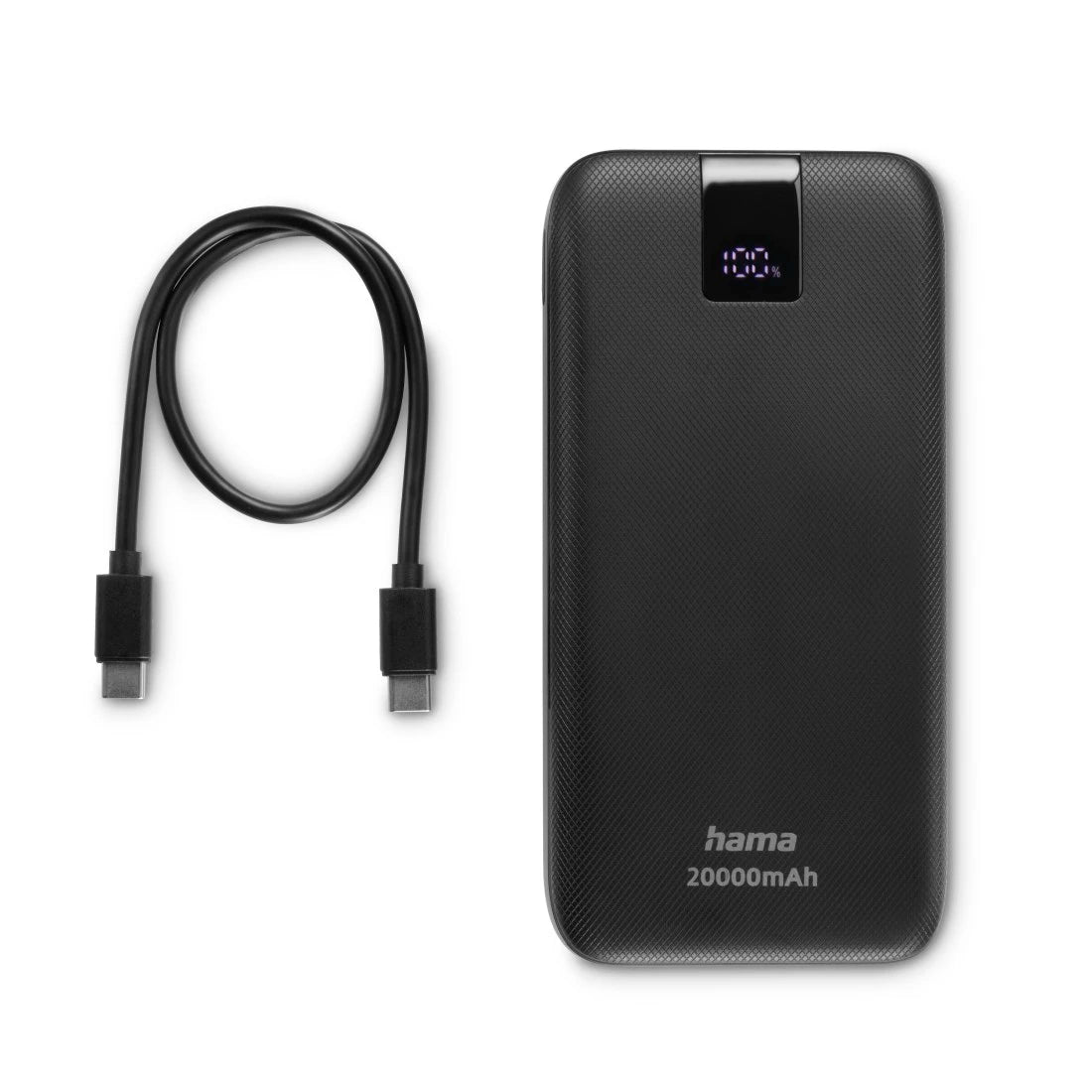 Black power bank with USB cable on a white background