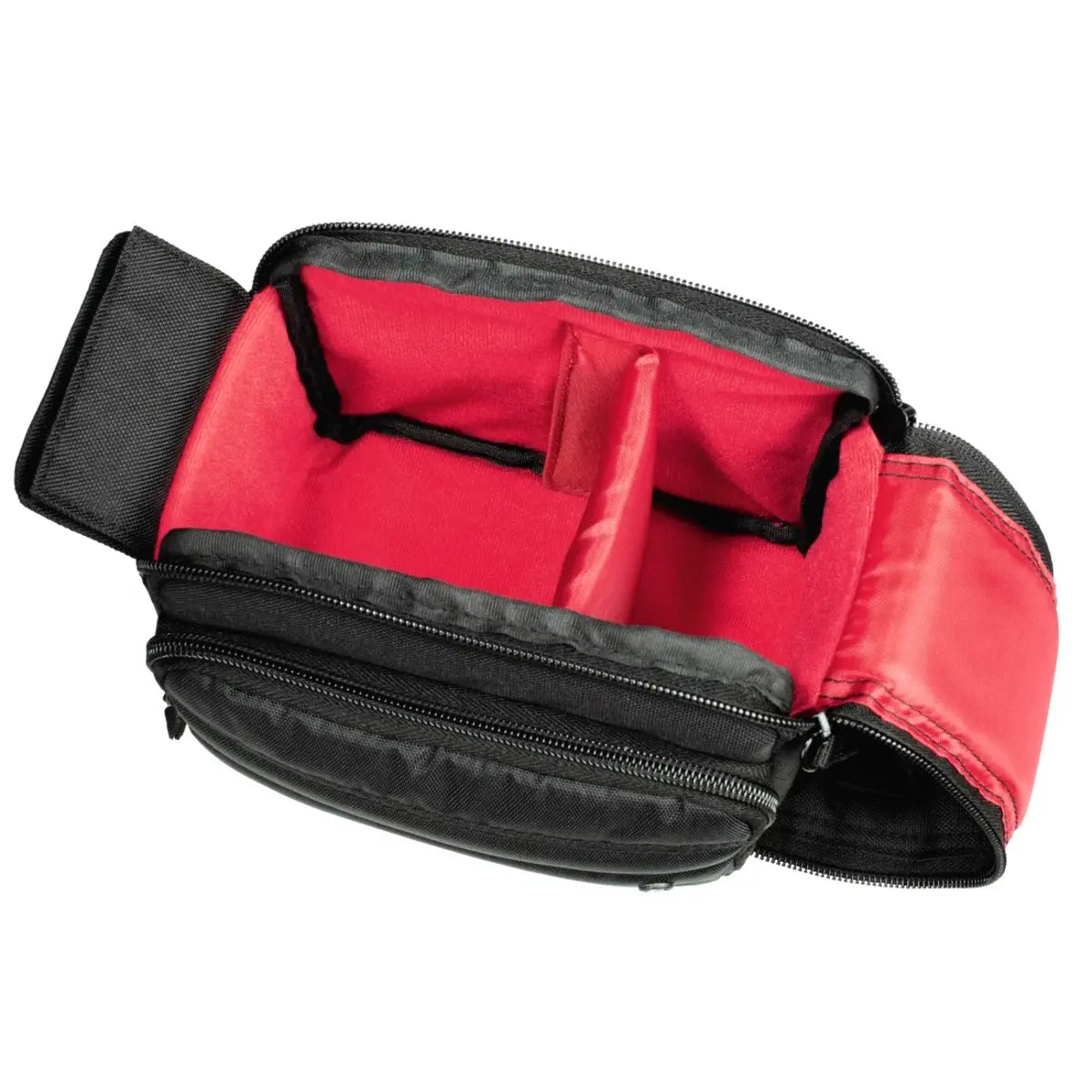 Red bag with black interior and zipper on a white background