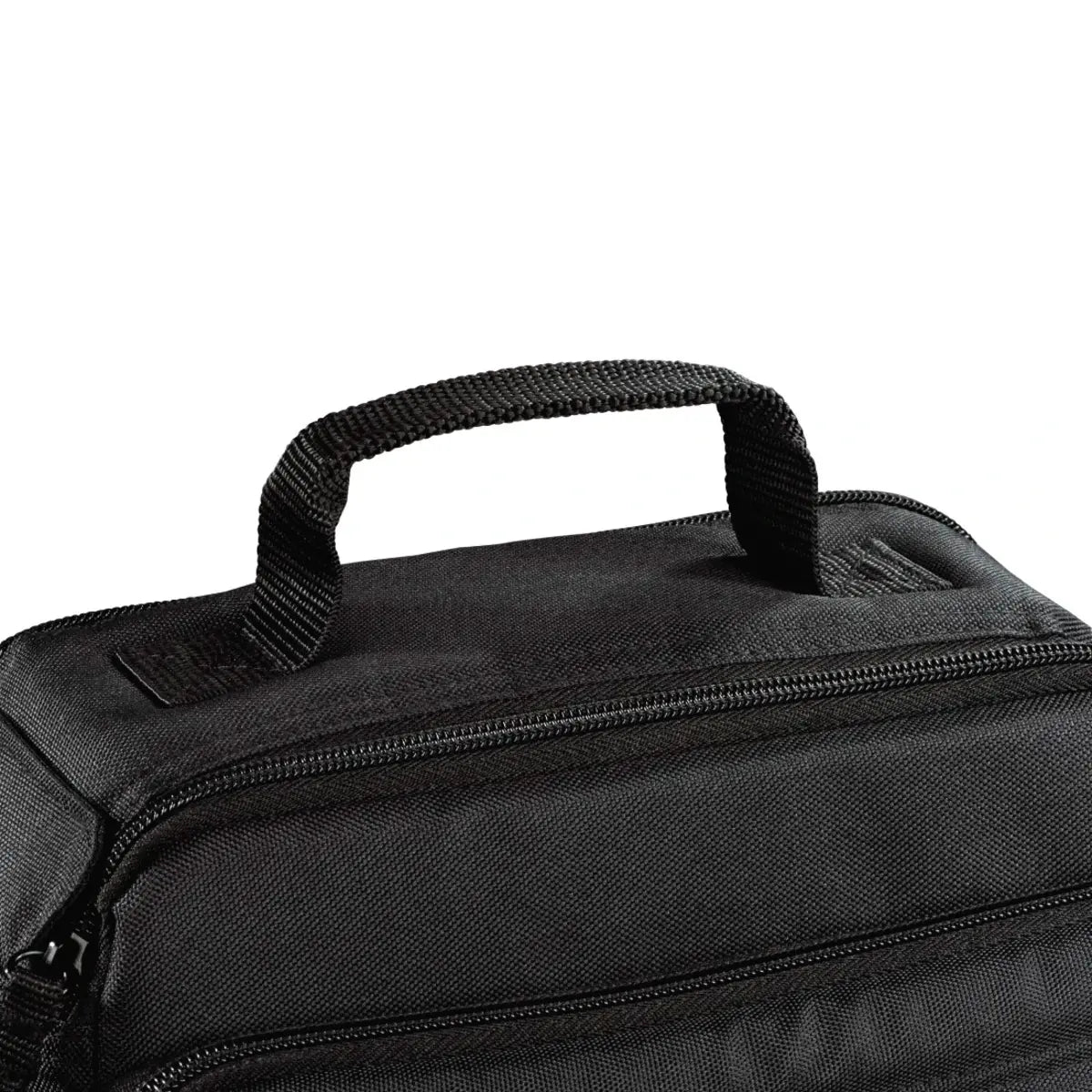 Close-up of a black bag with a handle on a white background