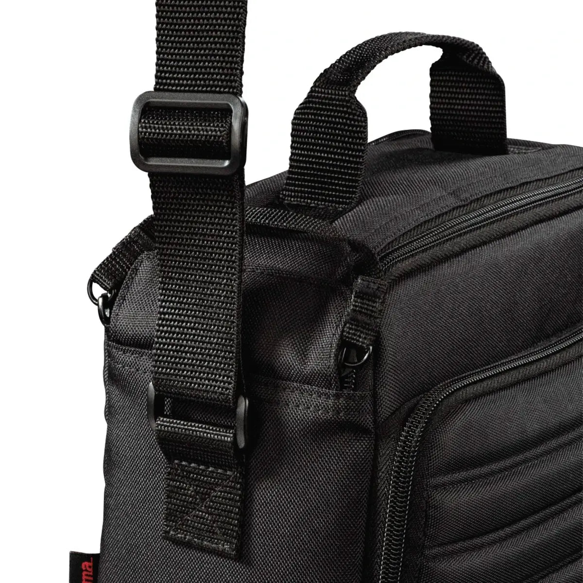 Close-up of a black backpack with straps and zippers on a white background