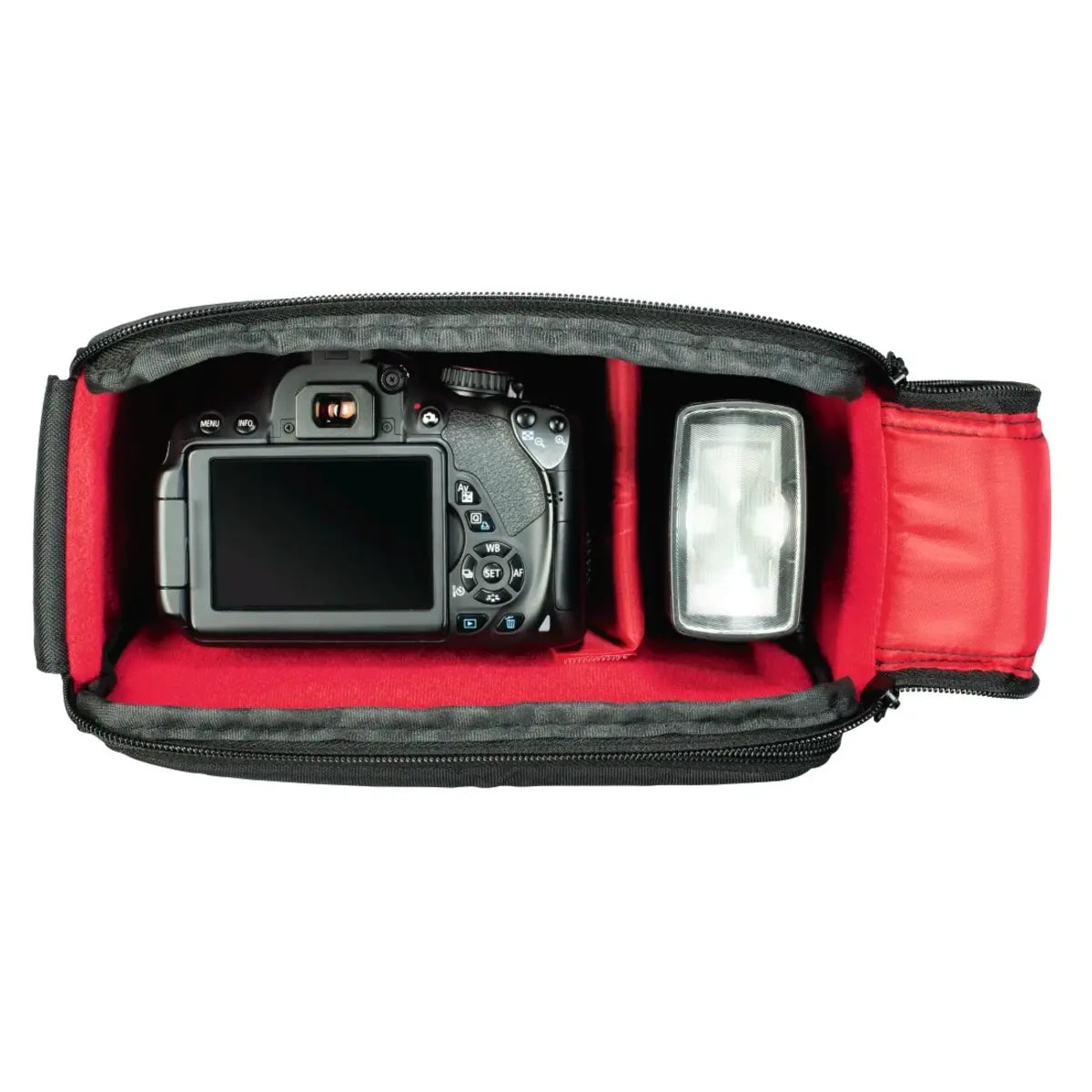 Hama Samara 140 Camera Bag - Black inside angle with camera and flashgun inside bag