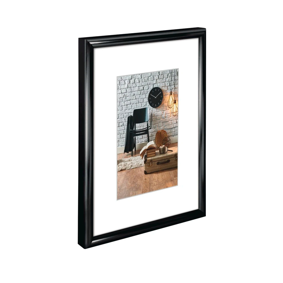 Black picture frame with a photo of a room with a clock on the wall.