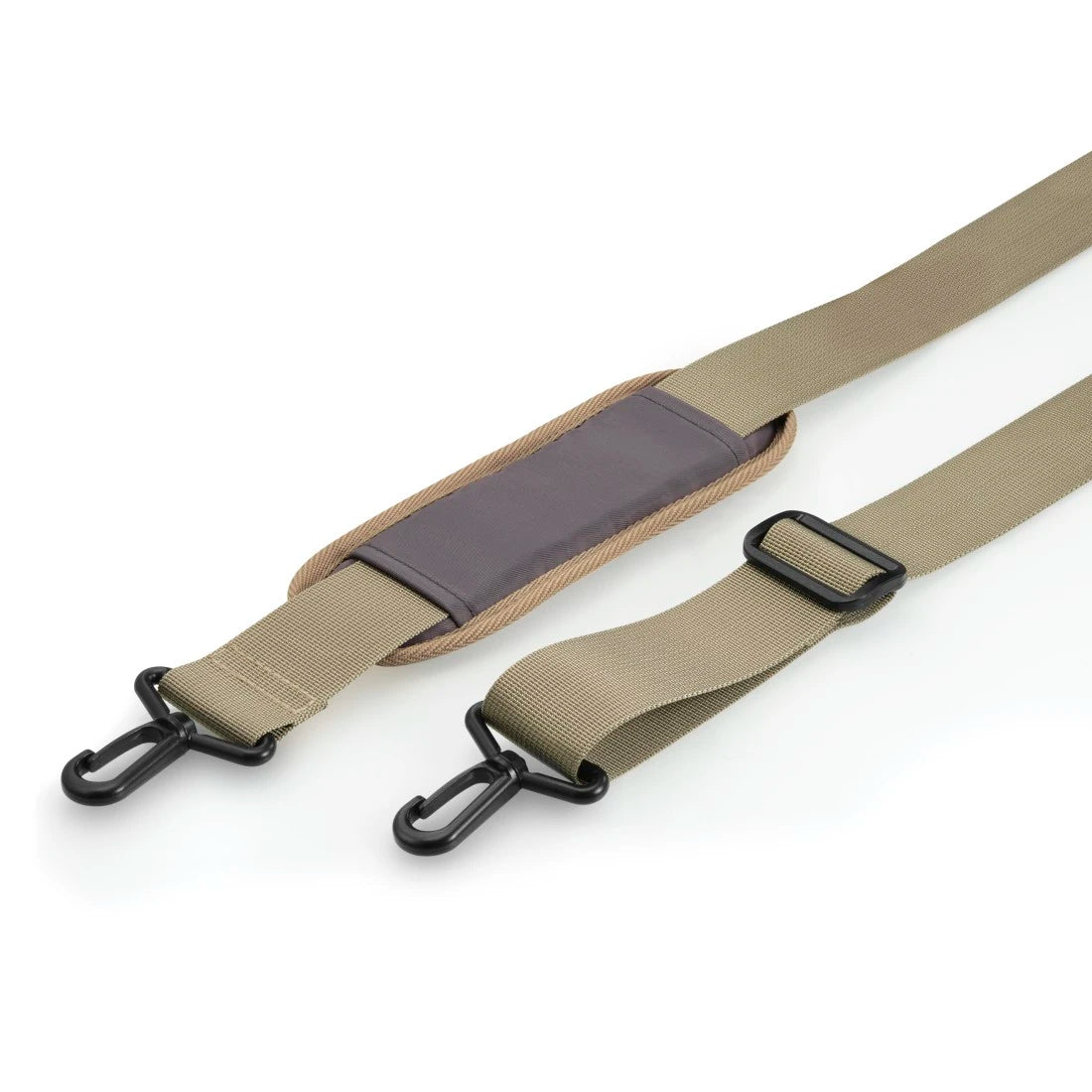 Tan gun sling with black clips on a white background