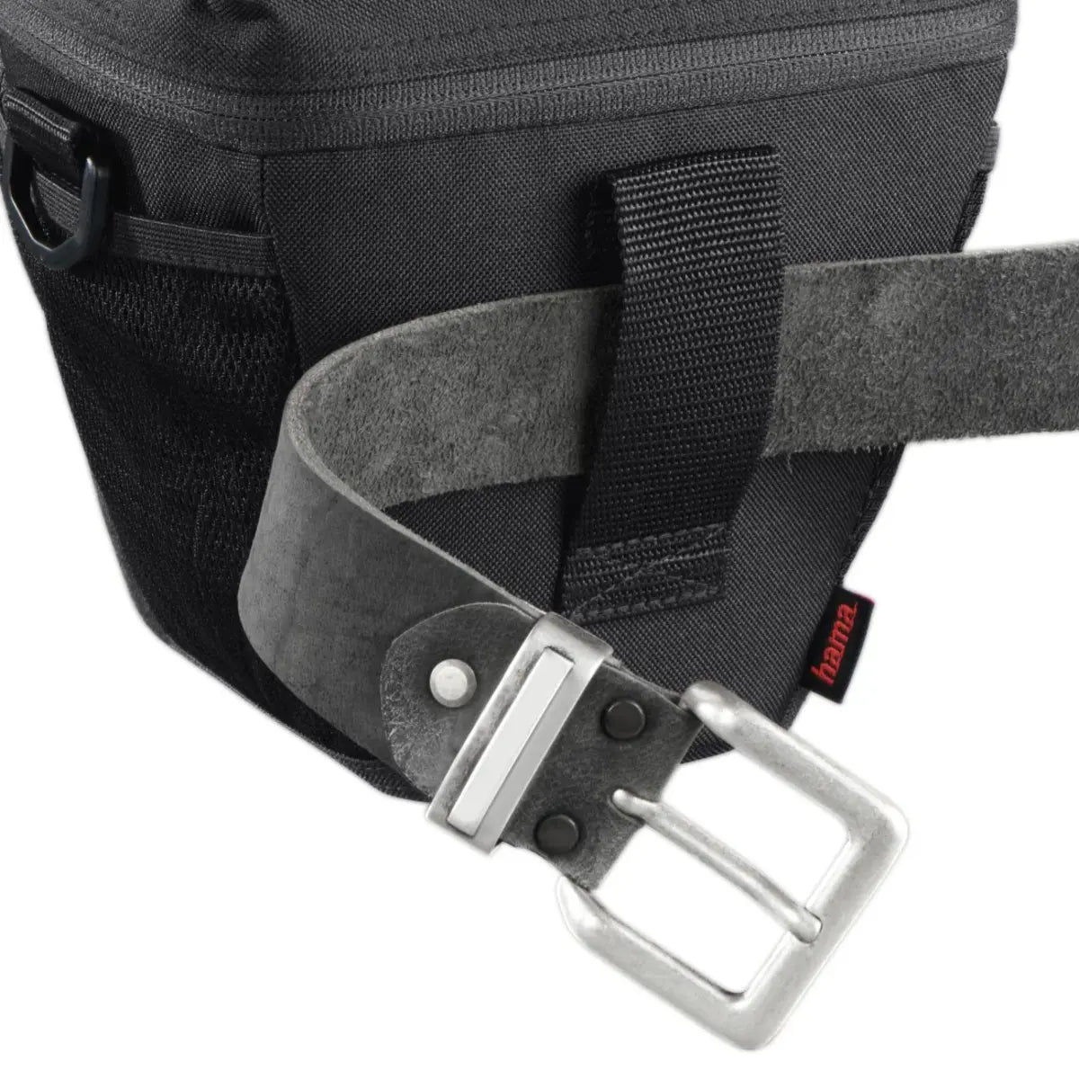 Black bag with a strap and silver buckle on a white background