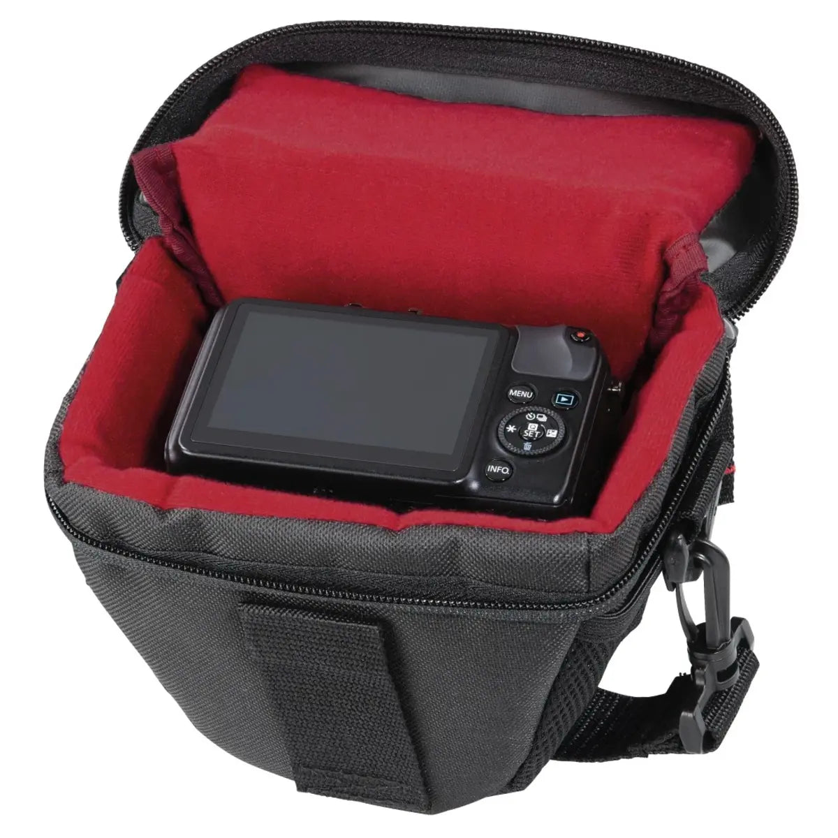 Camera inside a black and red bag on a white background