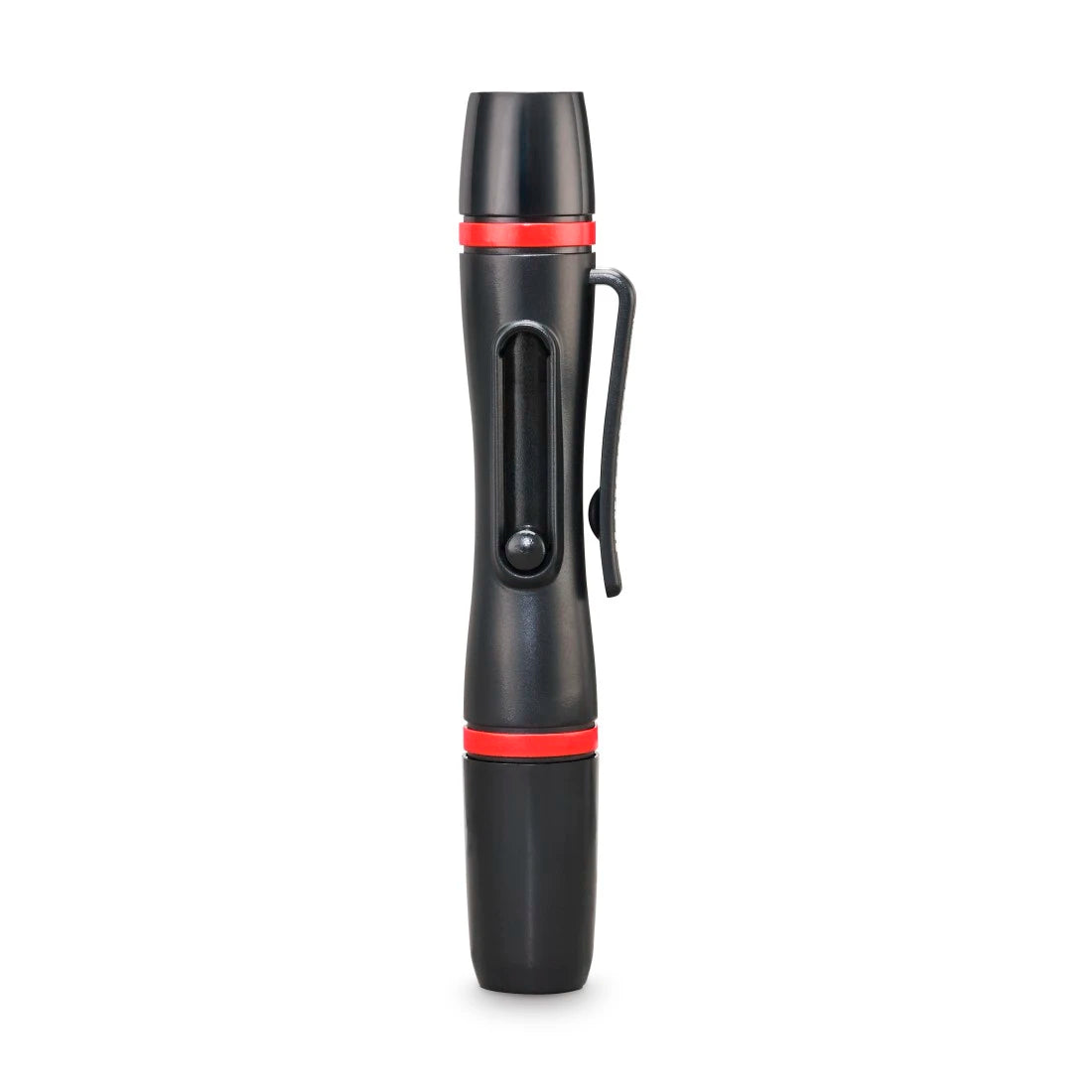 Black flashlight with red accents on a white background