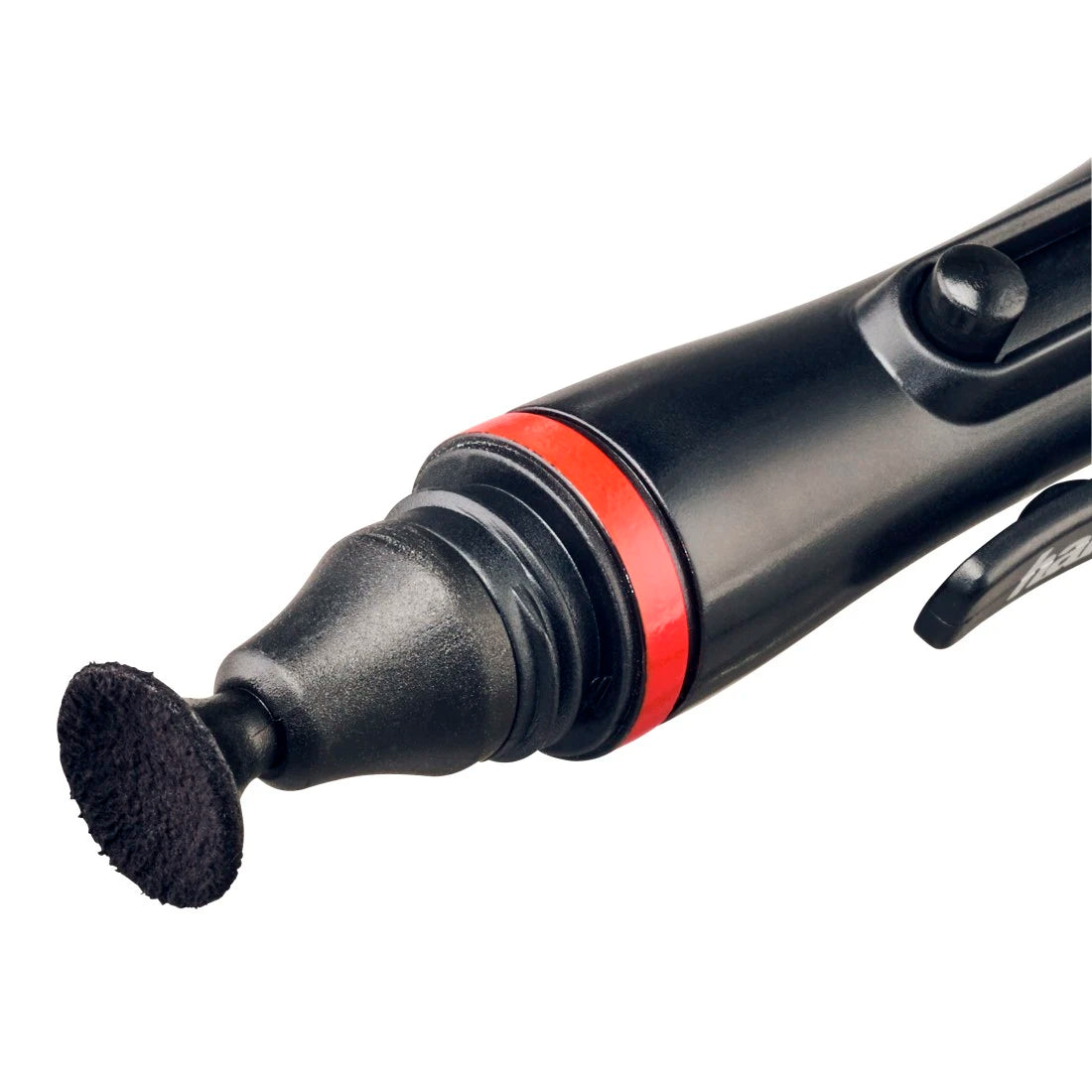 Black and red tool with a black brush attachment on a white background