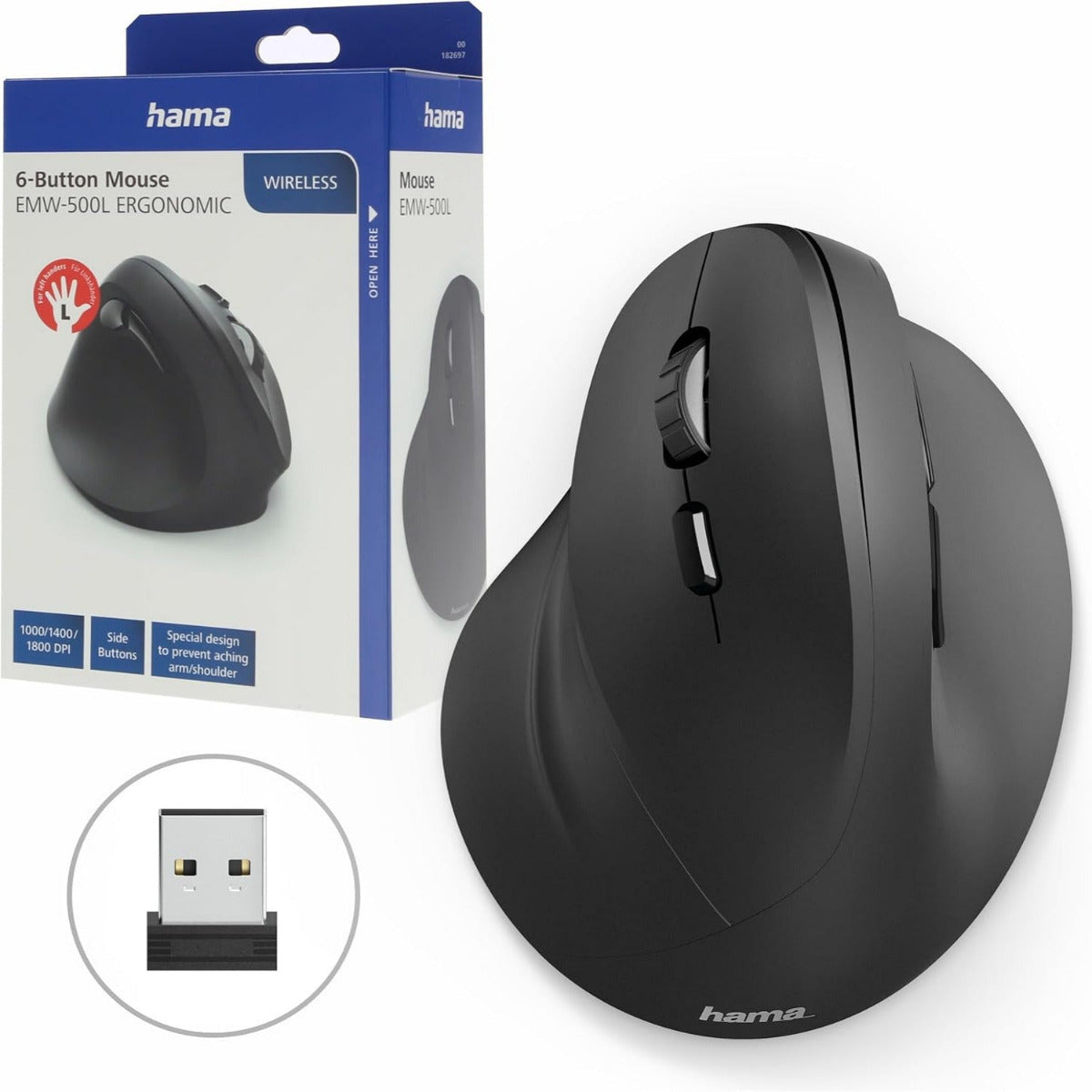 Black ergonomic mouse with packaging and USB receiver on a white background