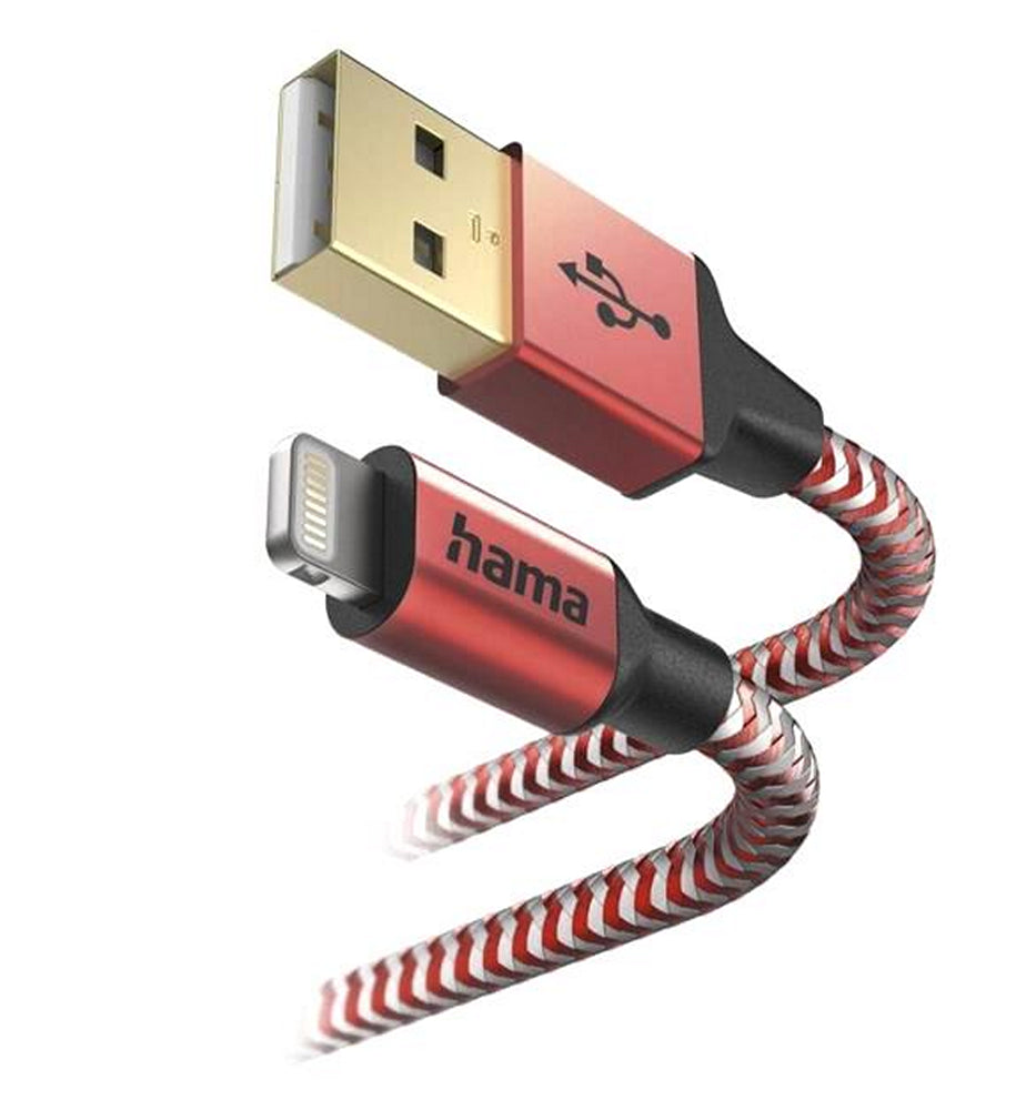A Hama USB-A to Lightning cable with a red and white striped braided design, featuring a gold-plated USB-A connector and a black Lightning connector, shown on a plain white background.