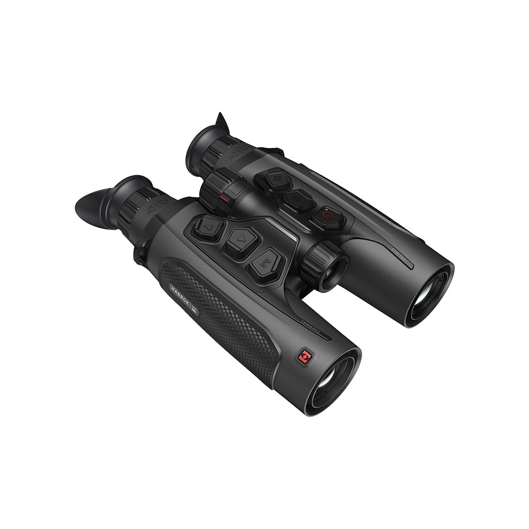 Black thermal binoculars with red accent buttons and a red logo, shown at an angle on a solid white background.