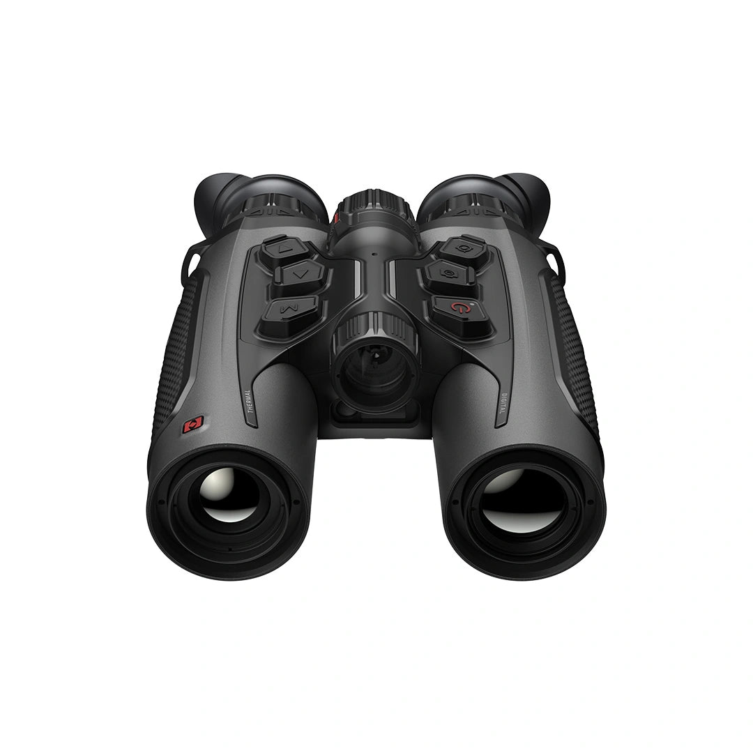 Black thermal binoculars with red logo accents, photographed from a front-facing perspective on a solid white background.
