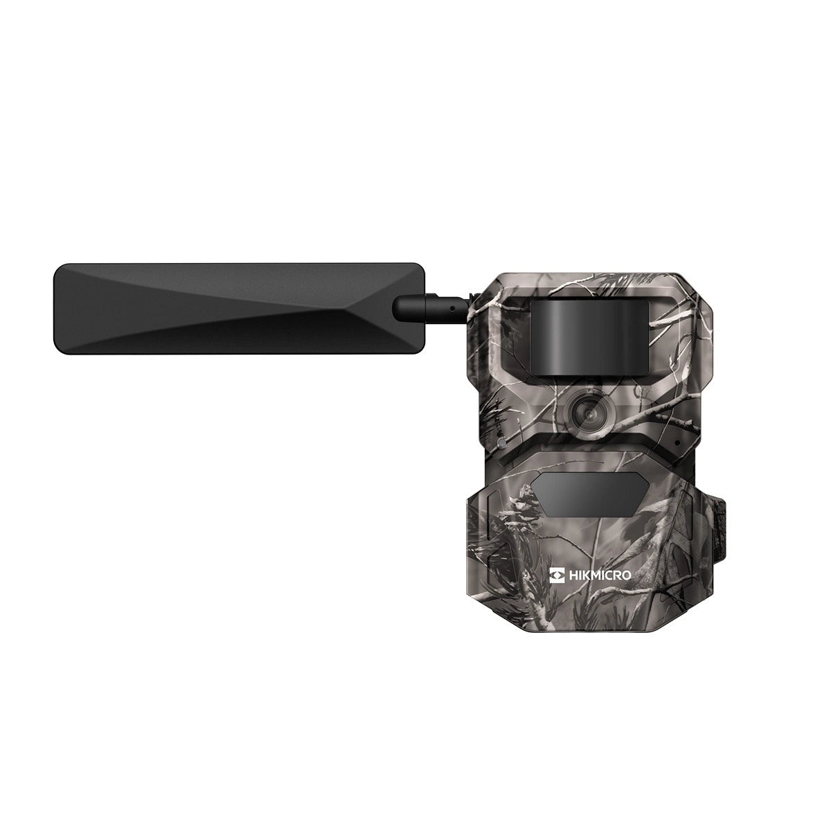 Camouflage-patterned trail camera with a black lens cover on a white background