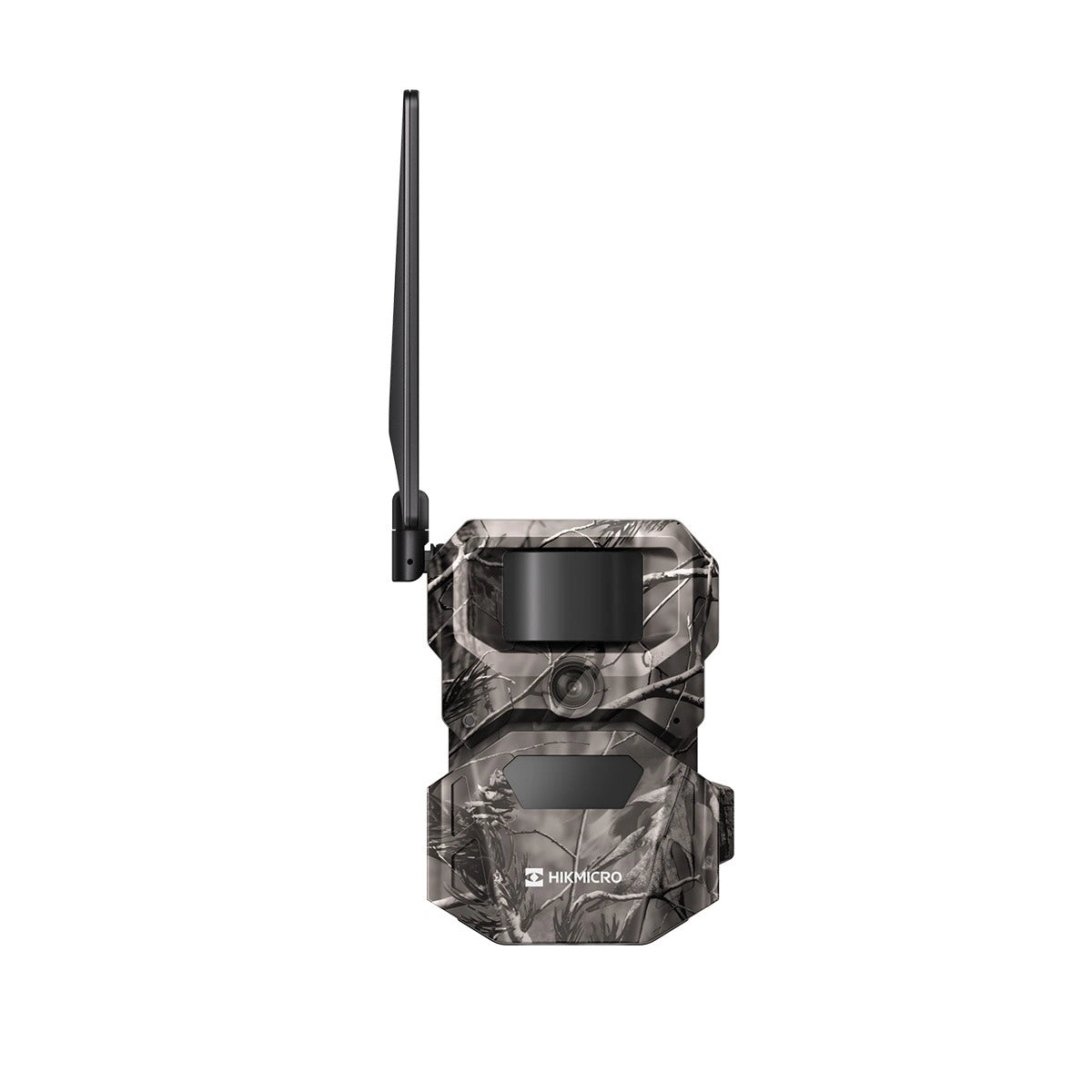 Camouflage-patterned hunting camera with antenna on a white background