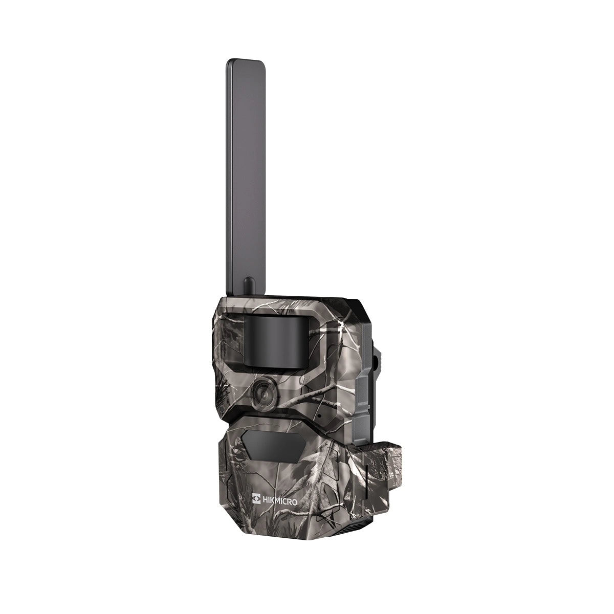 Camouflage-patterned hunting camera with antenna on a white background