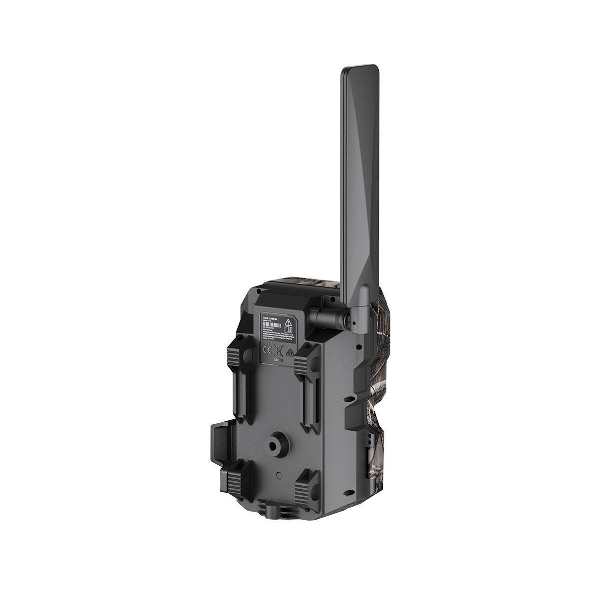 Camouflage-patterned hunting camera with antenna on a white background