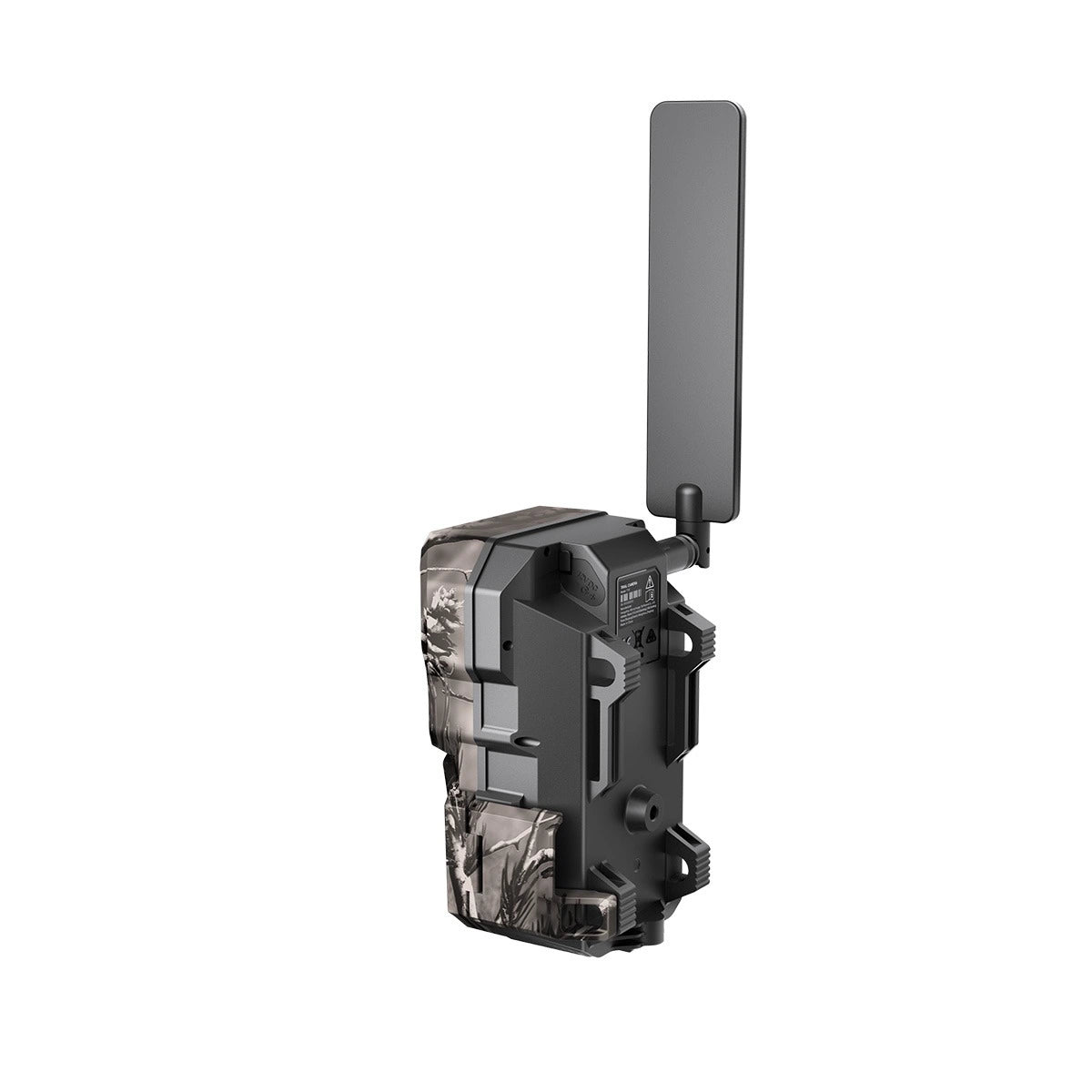 Camouflage-patterned hunting camera with antenna on a white background