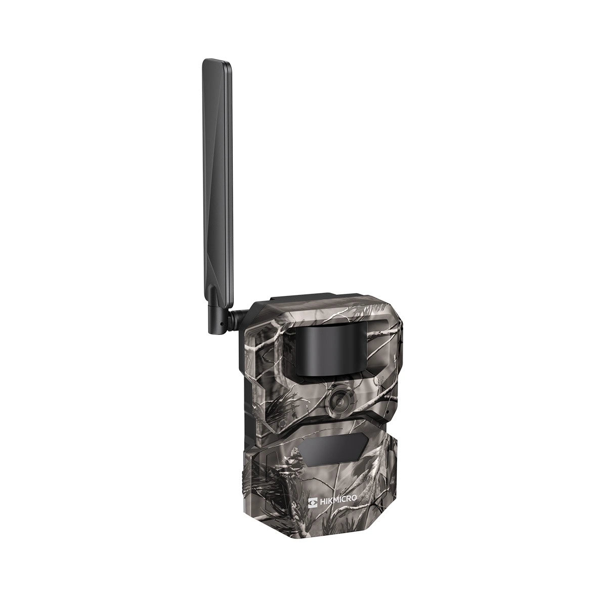 A trail camera with a camouflage pattern body and a black antenna, shown against a plain white background.