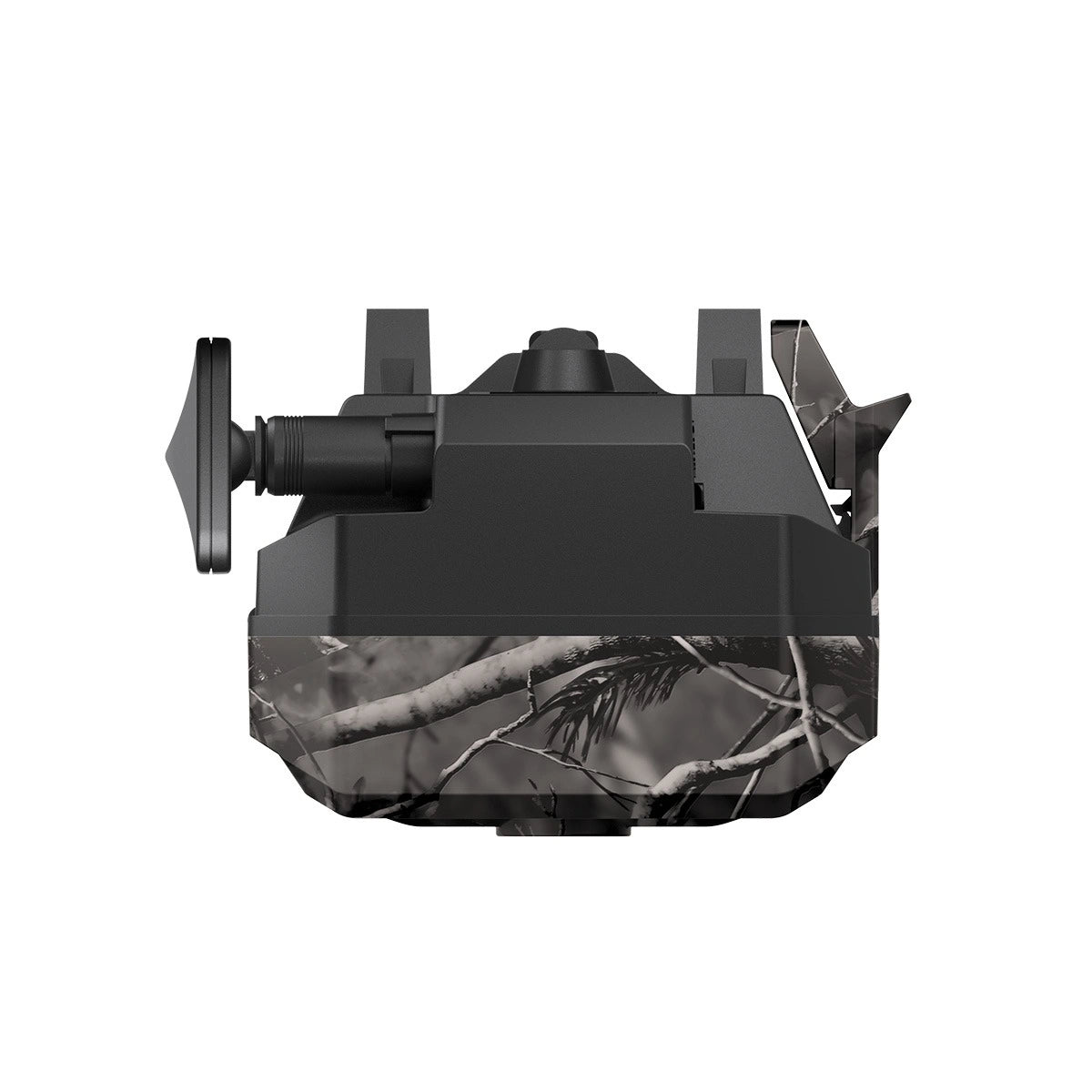Black camera lens with camouflage pattern on a white background