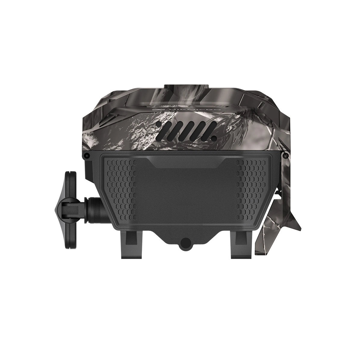 A black and gray camouflage outdoor camera or security device with a front-facing lens cover, side mounting bracket, and top vent slits, shown on a plain white background.