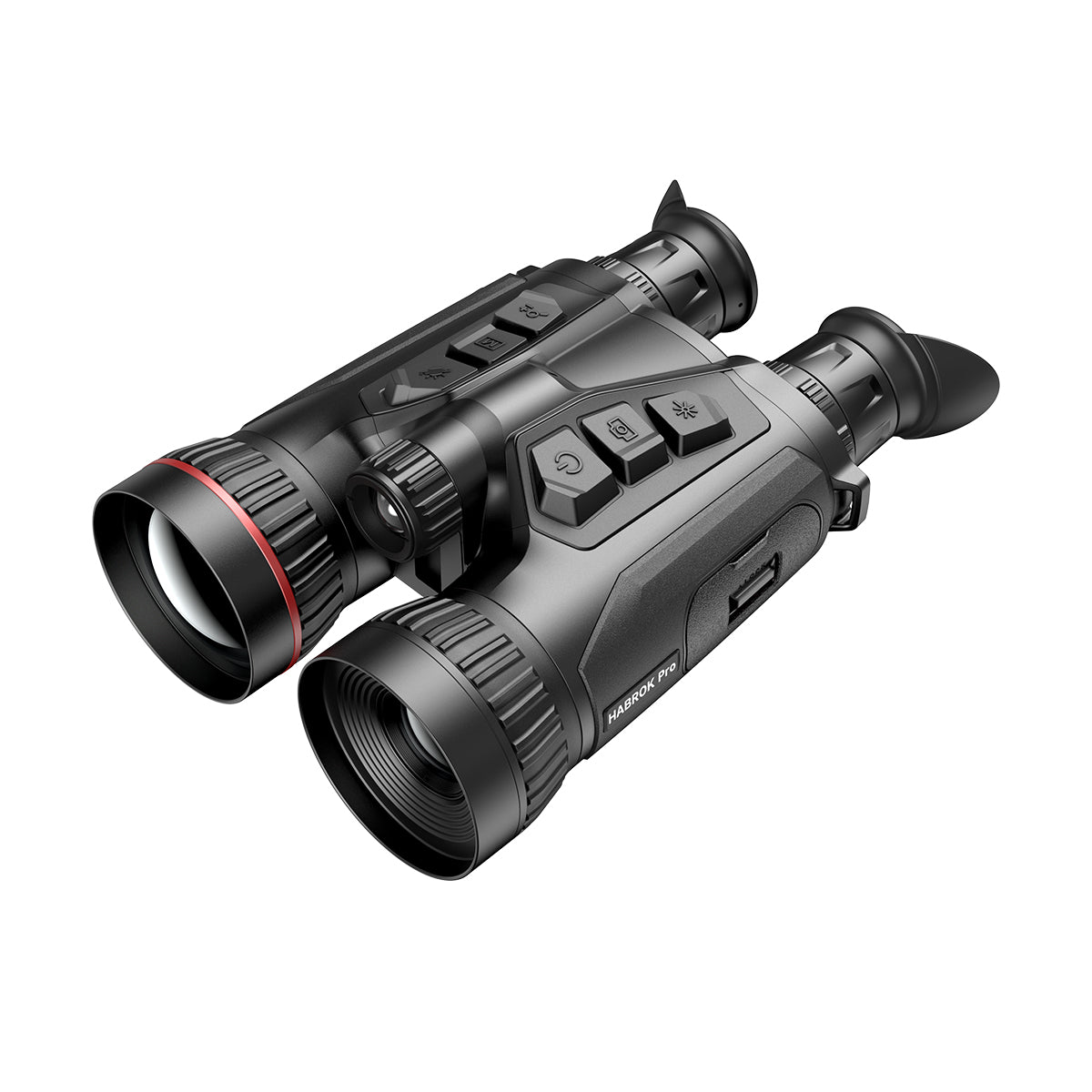 A pair of HIKMICRO Habrok Pro HX60L binoculars with a 1280px sensor, featuring black and red accents, displayed in a standing position.