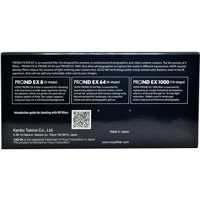 Back of a camera lens filter packaging with specifications and branding details.