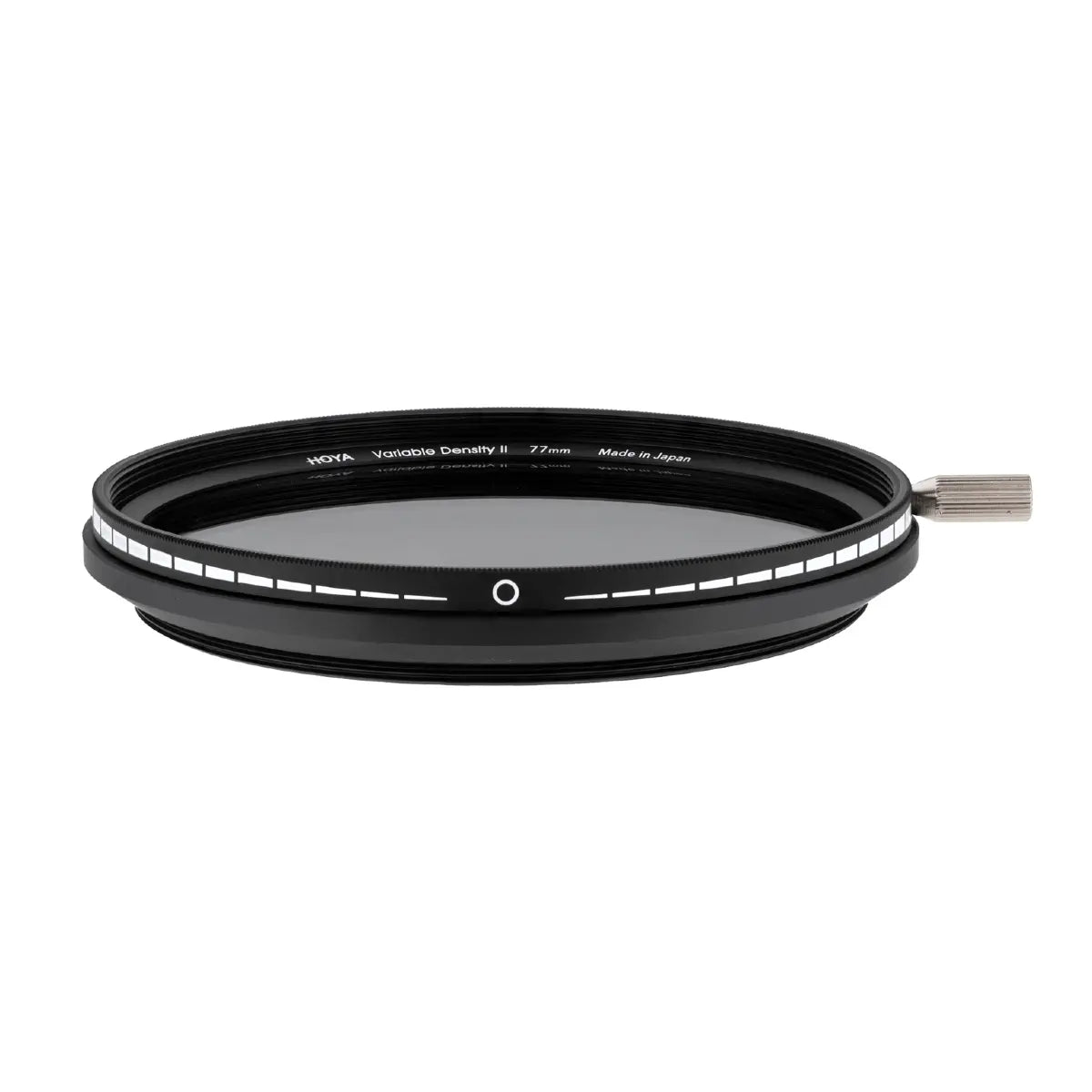 Camera lens filter with metal ring and visible brand name on a white background