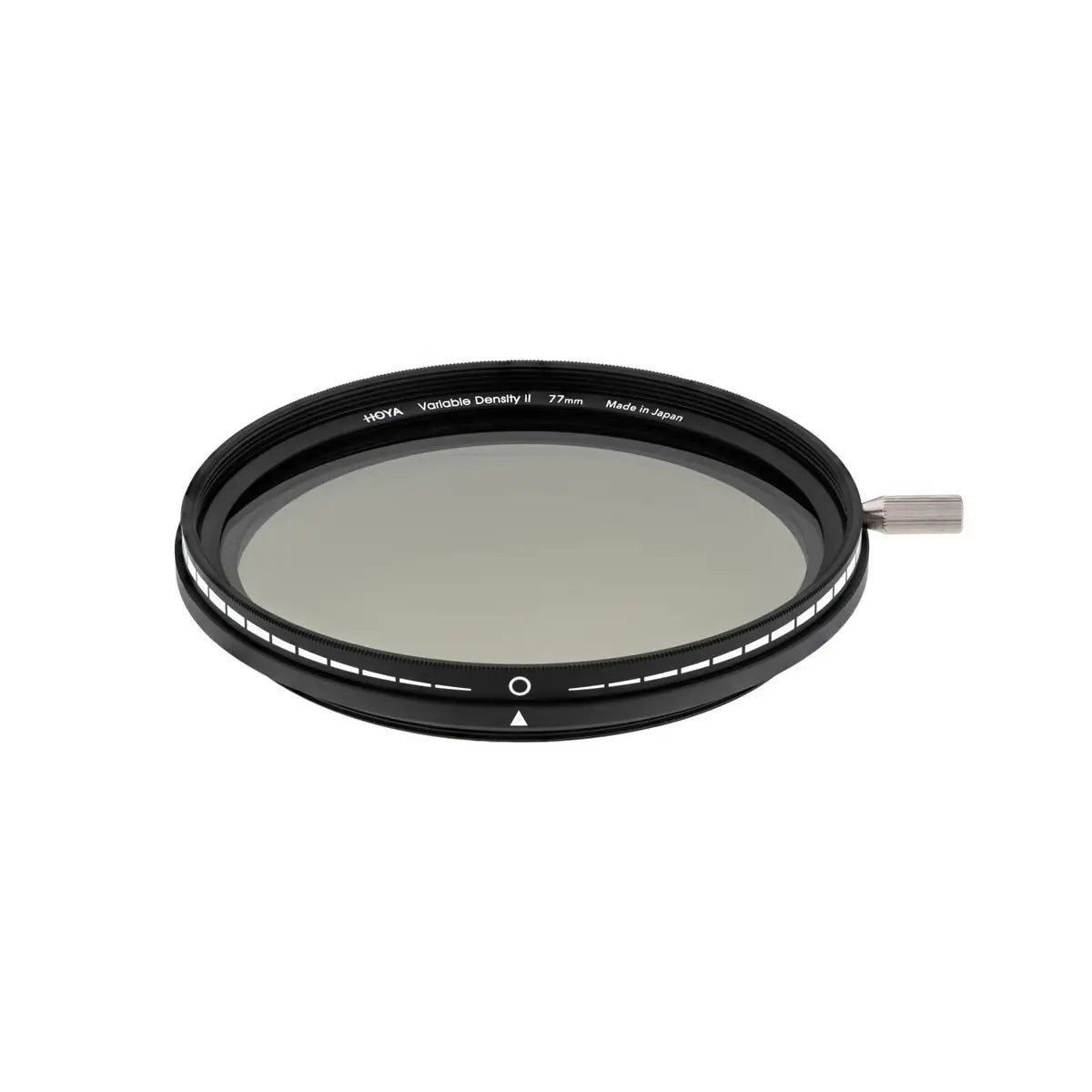 Camera lens filter with black frame and gray lens on a white background
