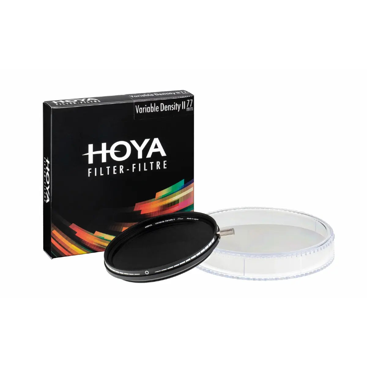 Hoya filter with its packaging on a white background